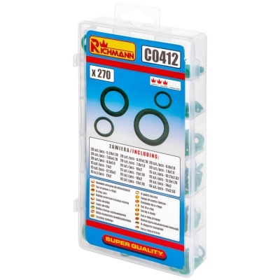 Estojo com anilhas de vedação variadas em plástico transparente e etiqueta azul