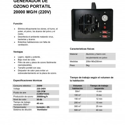 Gerador de ozono portátil JBM preto com ficha técnica ao lado