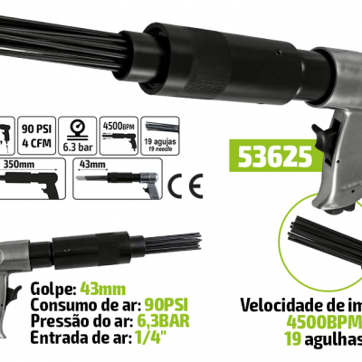 Ferramenta pneumática cinza e preta com 19 agulhas e especificações técnicas