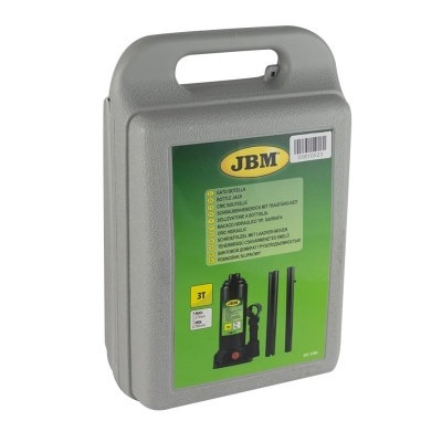 Mala cinzenta com macaco hidráulico JBM e barras pretas na etiqueta