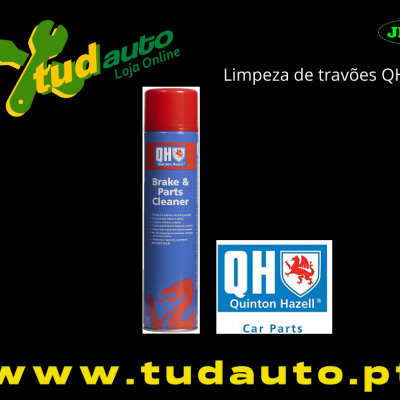 Spray de limpeza de travões QH com rótulo azul e tampa vermelha num fundo preto com logos e texto promocional