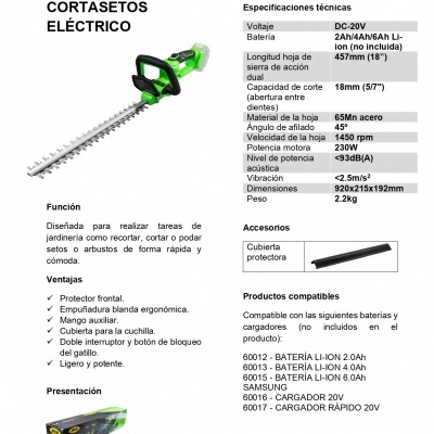 Ficha técnica de cortasetos elétrico JBM ref. 60031 com especificações e acessórios