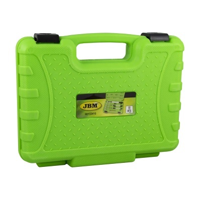 Estojo rígido verde de plástico com pega e presilhas pretas