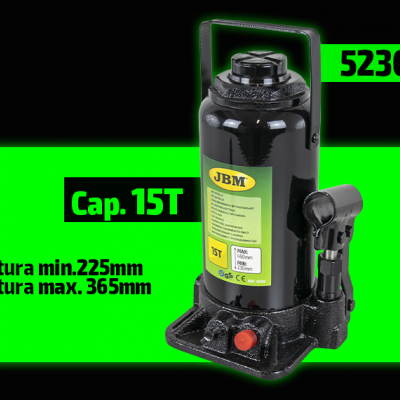 Macaco hidráulico preto JBM capacidade 15T com informações de altura e modelo