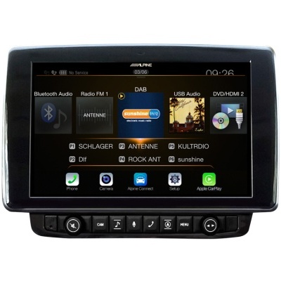 Monitor tátil de áudio automóvel Alpine preto com várias opções digitais no ecrã