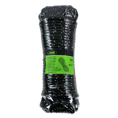 Corda preta enrolada com pontos verdes e etiqueta verde JBM 30m 8mm