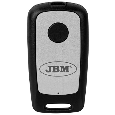 Controle remoto para portão preto e prateado com botão circular e logótipo JBM