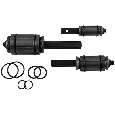 Peças cilíndricas pretas de plástico com anéis elásticos pretos