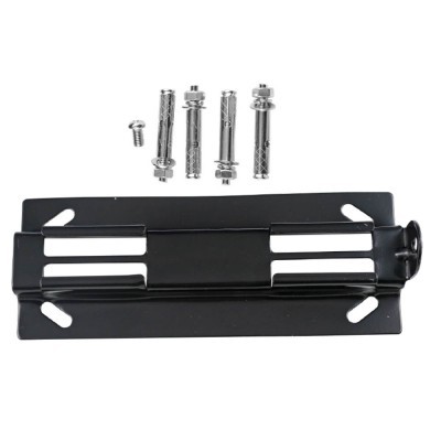 Suporte metálico preto com parafusos prateados para fixação