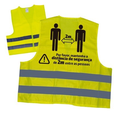 Coletes de segurança amarelos fluorescentes com faixas refletoras e instruções de distância de segurança