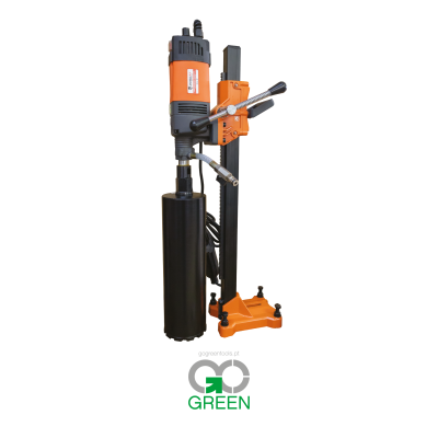 Máquina de perfuração elétrica com suporte laranja e preto, logótipo Go GREEN