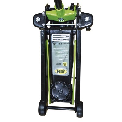 Macaco hidráulico de piso preto e verde com etiqueta