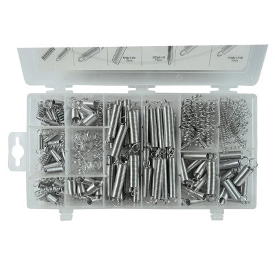 Estojo transparente com molas metálicas variadas organizadas em compartimentos.