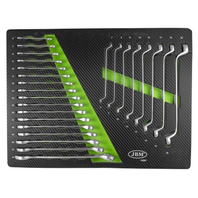 Conjunto de chaves inglesas em tabuleiro preto e verde, marca JBM