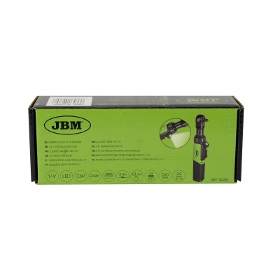 Embalagem de chave de impacto JBM verde e preta com texto e imagem do produto.