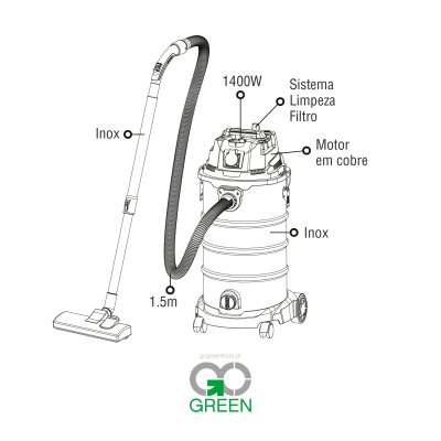 Aspirador industrial em inox com motor em cobre e sistema de limpeza de filtro