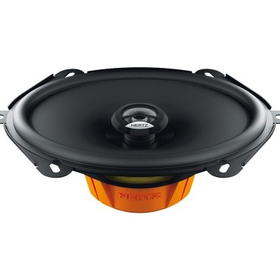 Coluna de som oval preta e laranja com texto HERTZ