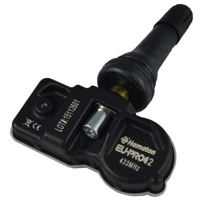 Sensor preto para pneus Hamaton EUPROV2 com texto impresso e parafuso visível