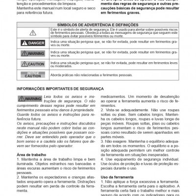 Página de manual de instruções com símbolos de advertência e texto de segurança em português de Portugal