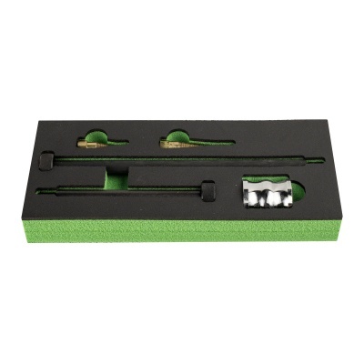 Conjunto de ferramenta com componentes metálicos em espuma preta e verde