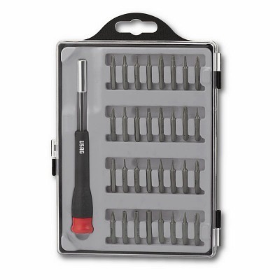 Conjunto de chaves de fendas com 31 peças, com pega preta e vermelha e várias pontas metálicas numa caixa de plástico transparente