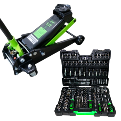 Macaco hidráulico 3T verde e caixa de ferramentas com chaves e acessórios em estojo preto