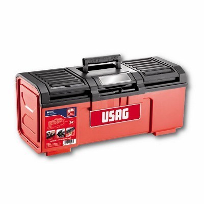 Caixa de ferramentas vermelha e preta USAG com pega preta e etiquetas