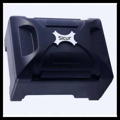 Caixa preta de plástico com emblema 'Sicur'