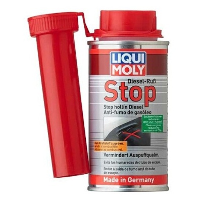 Lata metálica com tampa vermelha e rótulo colorido do produto LIQUI MOLY Diesel-Ruß Stop