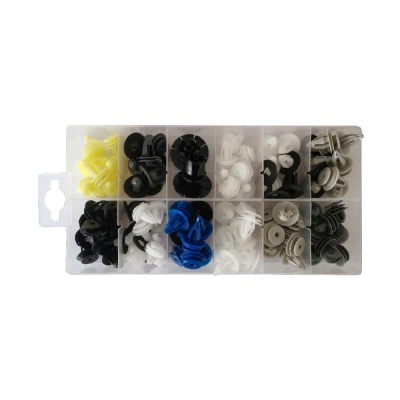 Conjunto de clips e rebites coloridos organizados em caixa plástica transparente