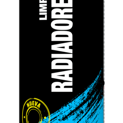 Frasco de aerosol preto e azul para limpeza de radiadores com texto e imagem de radiador