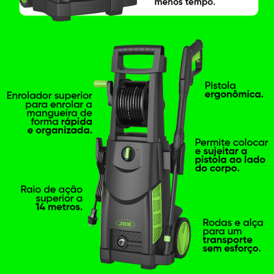 Lavadora de alta pressão preta e verde JBM com acessórios em fundo preto e verde.