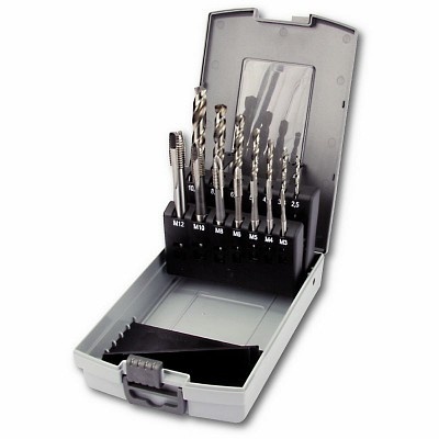 Estojo aberto com conjunto de brocas de metal etiquetadas