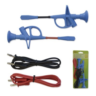 Conjunto de bocais azuis e cabos elétricos preto e vermelho com embalagem em fundo branco