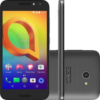 Smartphone Alcatel cinzento texturizado com ecrã colorido e logótipo