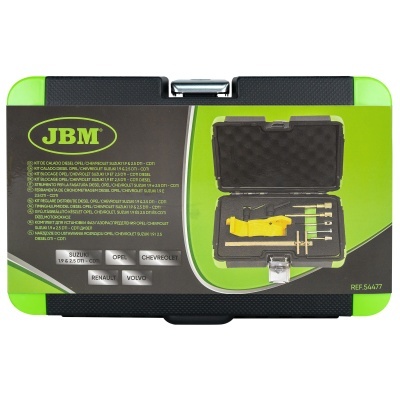 Estojo de ferramentas JBM para injetores diesel com foto do interior e lista de carros compatíveis