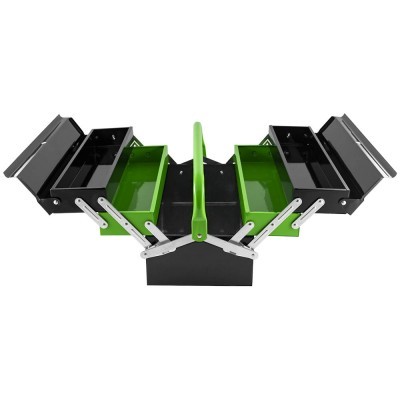 Estojo de ferramentas metálico preto e verde com vários compartimentos e punho central verde