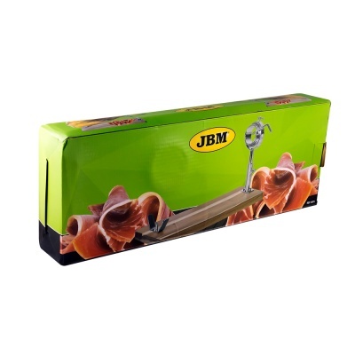 Embalagem verde JBM com suporte para presunto de metal e madeira e presunto fatiado