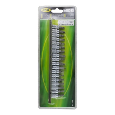 Conjunto de pontas de aparafusar JBM em embalagem plástica transparente com cartão verde e amarelo