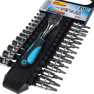 Conjunto de chave de catraca com múltiplas pontas e bocas em suporte preto