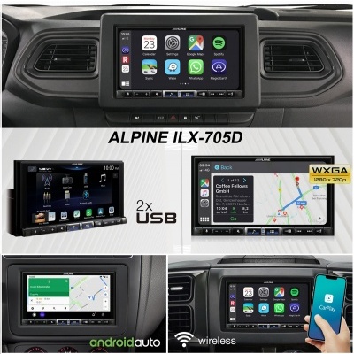 Ecrã tátil ALPINE ILX-705D em painel de carro com várias interfaces de navegação e conectividade.