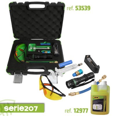 Conjunto de ferramentas para ar condicionado com estojo, óculos, peças metálicas, mangueira azul e frasco amarelo de líquido