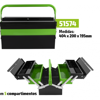 Caixa de ferramentas metálica preta e verde com 5 compartimentos