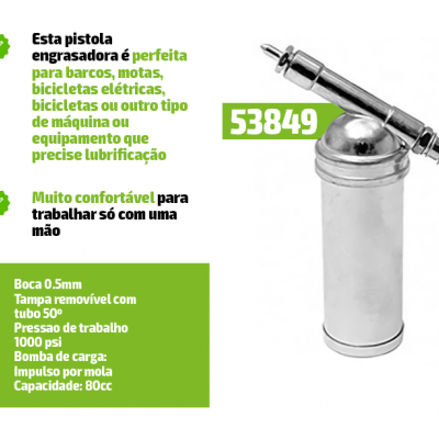 Pistola engraxadora metálica prateada com texto técnico em português