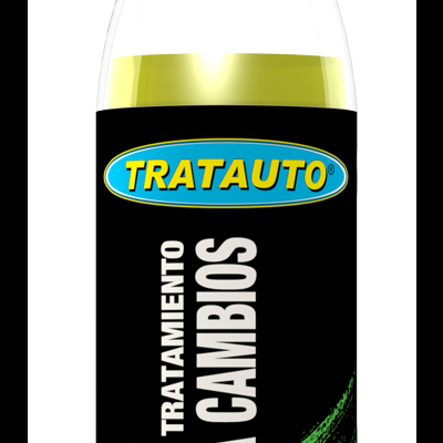 Frasco de tratamento para caixa de mudanças com rótulo preto e verde e imagem de engrenagens