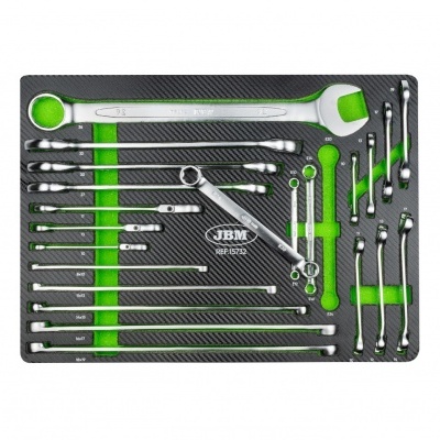 Conjunto de chaves de caixa organizadas em base preta com detalhes verdes