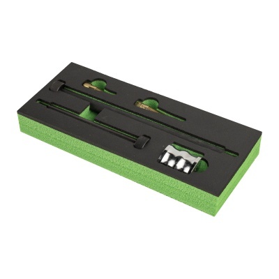 Conjunto de ferramentas em espuma verde e preta com instrumentos metálicos