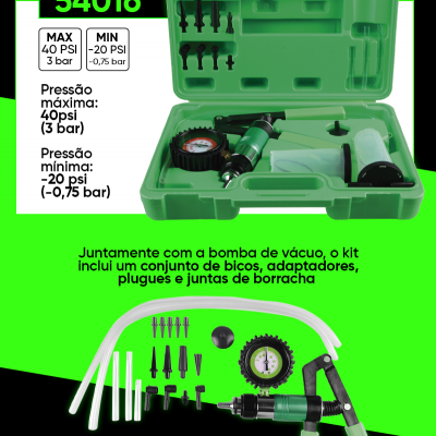 Kit de medidores para travões com bomba de vácuo em caixa verde aberta