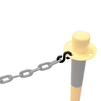 Poste amarelo com tampa arredondada ligado a corrente cinzenta com gancho preto