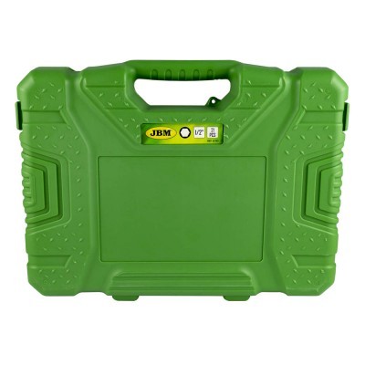 Mala de ferramentas verde em plástico rígido com etiqueta amarela